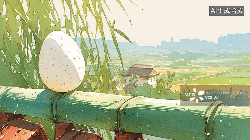 【AI数字艺术】竹栏杆上立着一个鸡蛋农田村庄山坡春分节气插画图片素材