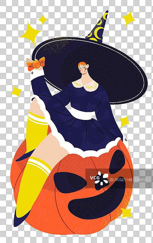 万圣节拿糖果坐在南瓜上的魔女潮流扁平插画免抠元素图片素材