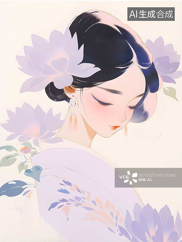 【AI数字艺术】一个美丽的东方女子半身图插画图片素材