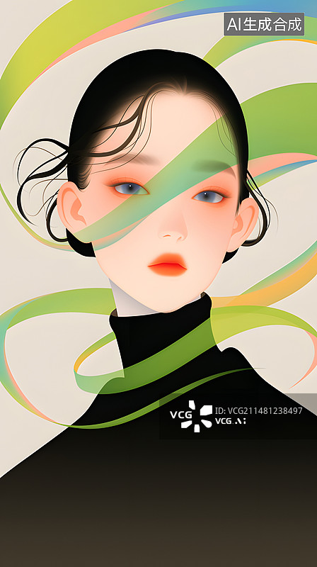 【AI数字艺术】穿着黑色高领衣服的东方女人扁平插画人物形象图片素材