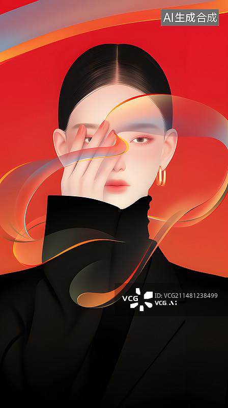 【AI数字艺术】穿着黑色高领衣服的东方女人扁平插画人物形象图片素材