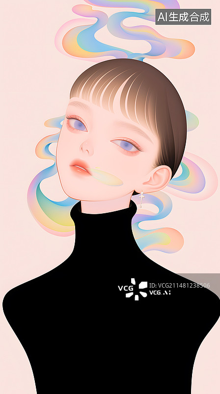 【AI数字艺术】穿着黑色高领衣服的东方女人扁平插画人物形象图片素材