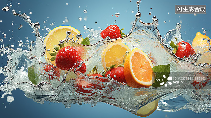 【AI数字艺术】各种切开的水果落入水中溅起水花图片素材