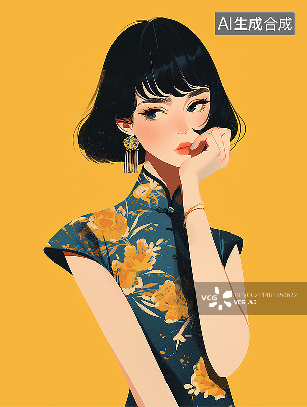 【AI数字艺术】扁平极简艺术感的东方女性半身图片素材