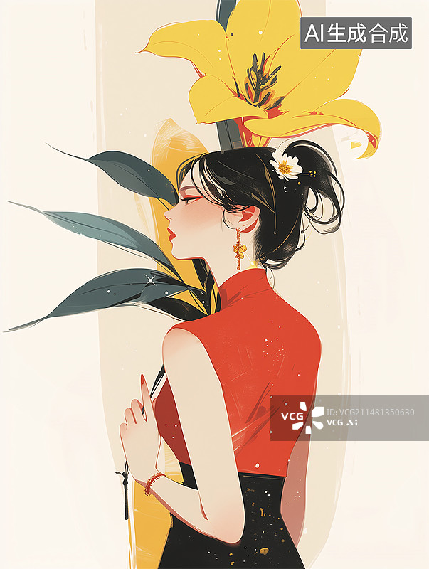 【AI数字艺术】扁平极简艺术感的东方女性半身图片素材