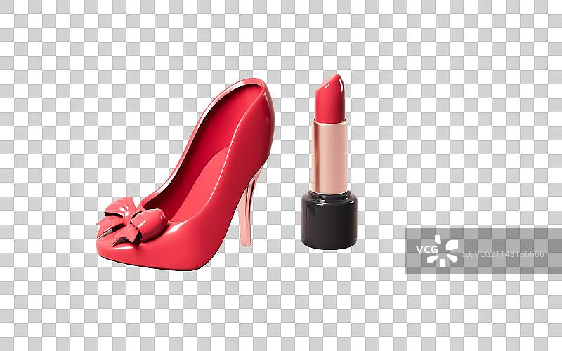 女式高跟鞋与口红3D渲染图片素材