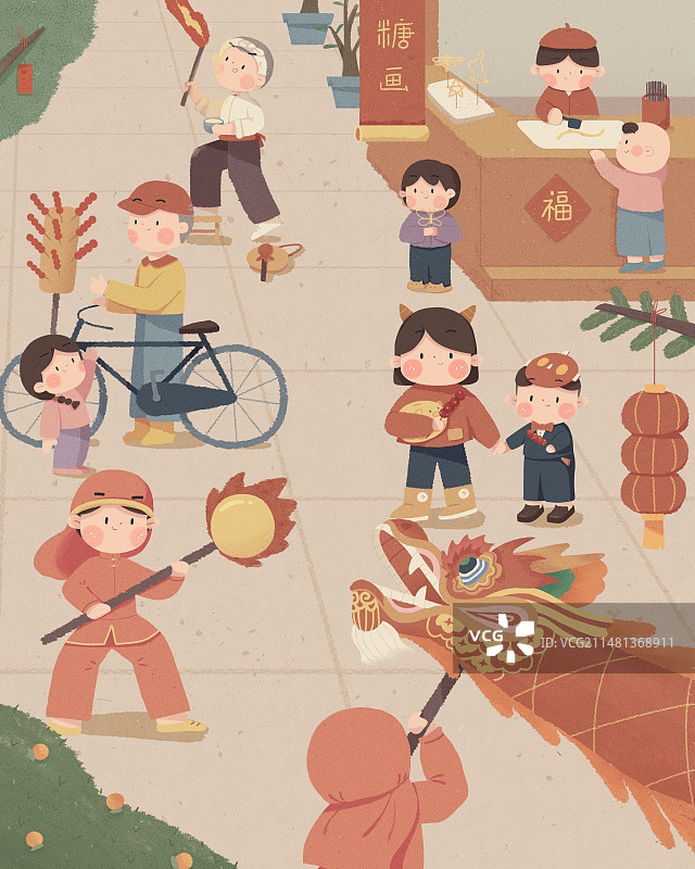 春节，孩子们拿着压岁钱到集市上玩耍，集市上有舞龙的、卖糖葫芦的、卖糖画的、喷火的、琳琅满目图片素材