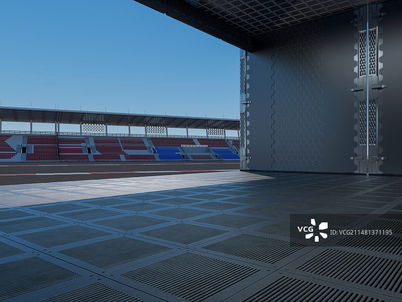 三维渲染赛车场和未来感金属仓库图片素材