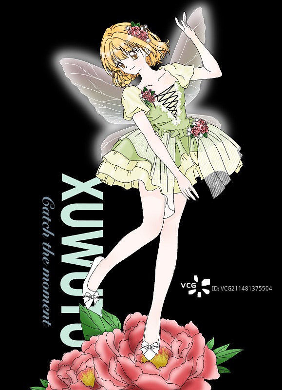 牡丹花上跳舞的精灵女孩图片素材