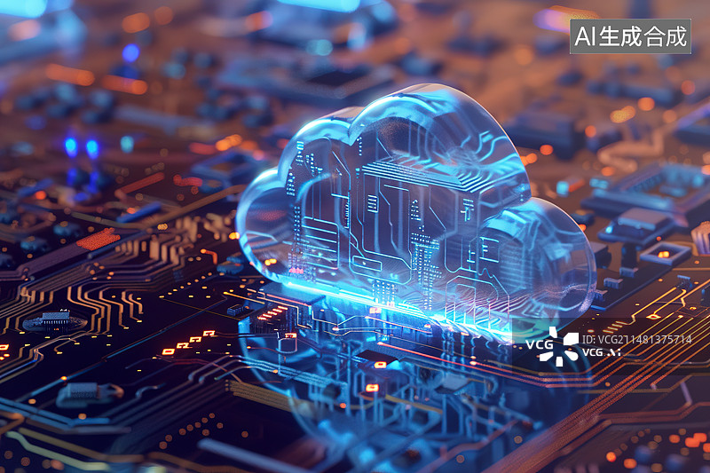 【AI数字艺术】一朵云在电路板上——未来科技云计算数据处理概念图片素材