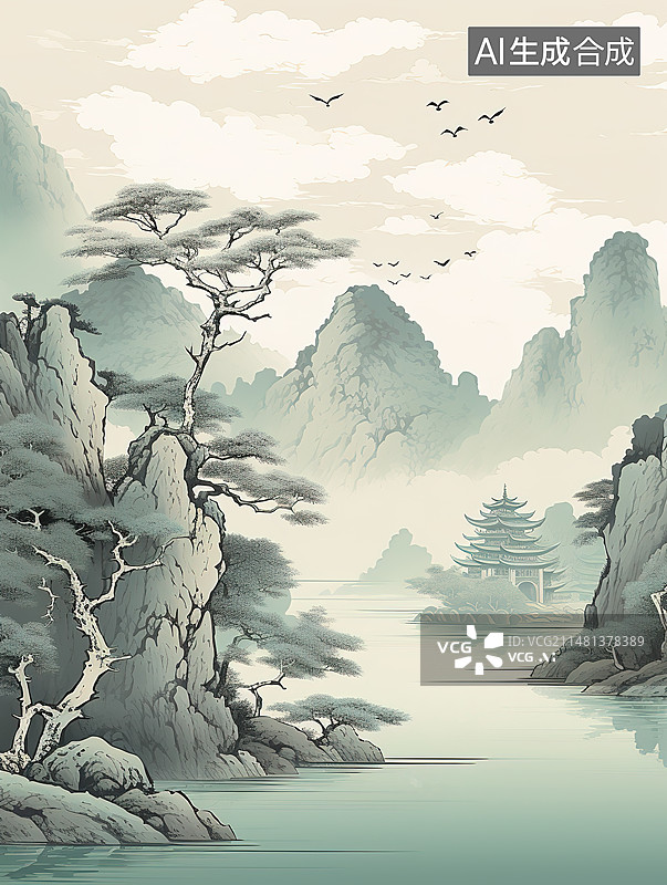 【AI数字艺术】中国传统千里江山山水风景画图片素材