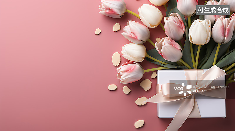 【AI数字艺术】鲜花卡与郁金香在一个粉红色的背景礼品袋，国际妇女节礼品蝴蝶结背景图片素材