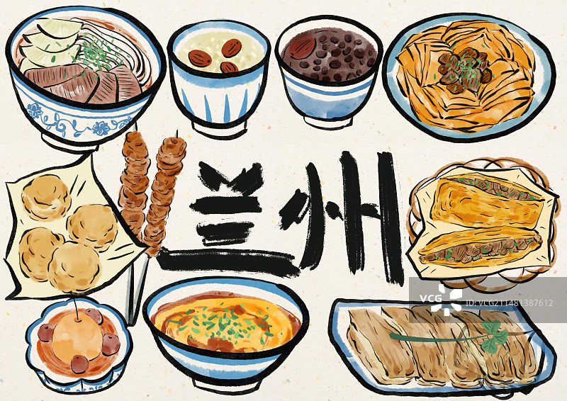 水墨风兰州美食插画图片素材