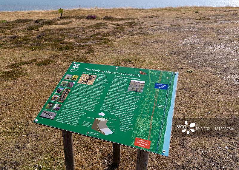 关于邓维奇海岸线变迁的信息标志，英国萨福克郡邓维奇沼泽图片素材