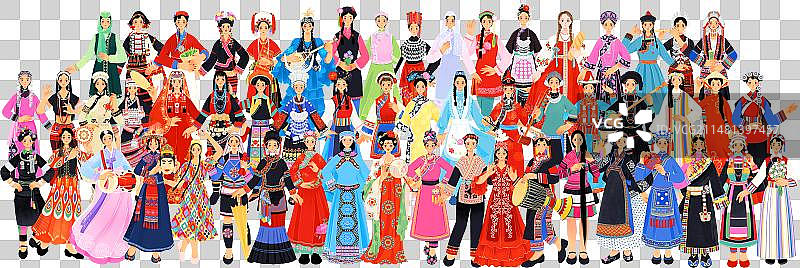 中国五十六个民族少女盛装女性民族服饰插画图片素材