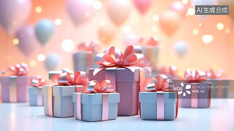 【AI数字艺术】3D礼盒生日庆典，粉色和蓝色的优雅情人节礼盒惊喜概念插图图片素材