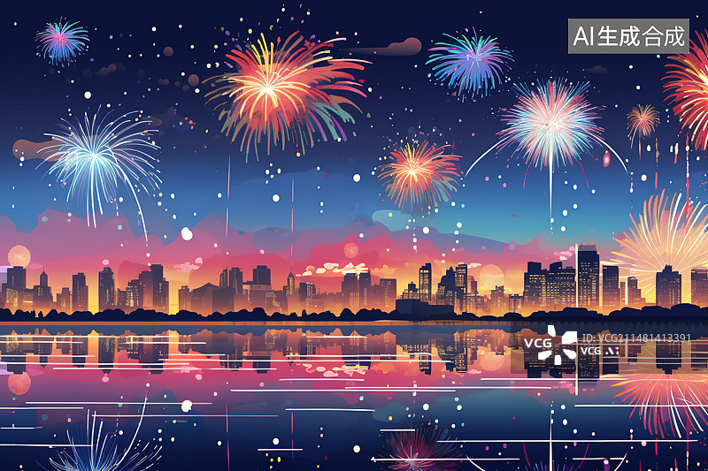 【AI数字艺术】节日氛围下城市上空绽放的五彩烟花图片素材