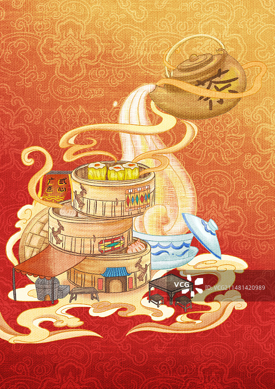 新年广式早茶点心蒸笼美食祥云杯壶图片素材