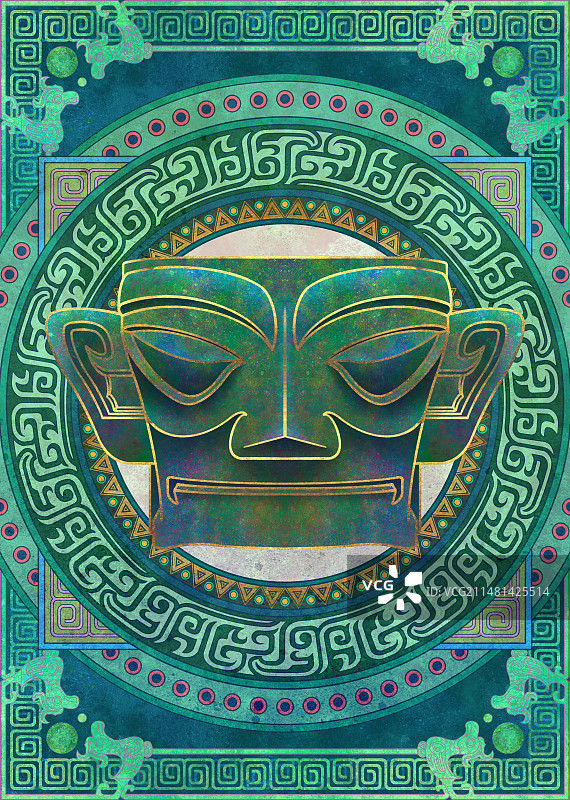 上古时期古蜀文明，四川成都广汉三星堆青铜器文物，传统图案纹样设计，宣传海报文创包装印花图片素材
