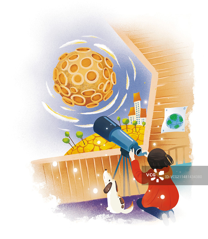 女孩望远镜月球背影观测幻想地球星球宇宙世界插图插画彩色文学配图图片素材