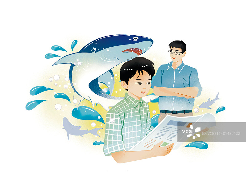 海洋知识学生老师父子看报学知识鲨鱼保护生态鱼类生物谈话教育指导插图卡通插图片素材