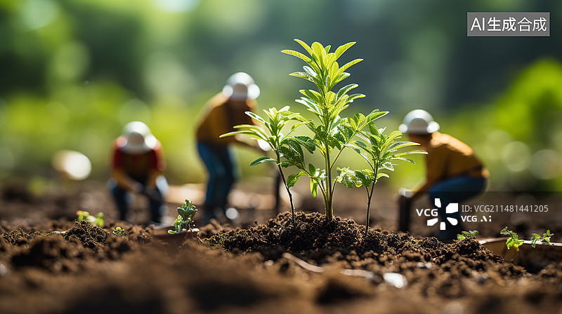 【AI数字艺术】植树节园林绿化园艺工人正在种树3d微缩模型移轴摄影图片素材