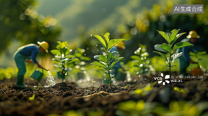 【AI数字艺术】植树节园林绿化园艺工人正在种树3d微缩模型移轴摄影图片素材