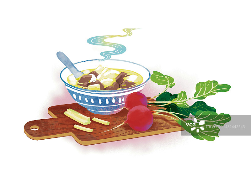 特色美食肉汤羊肉萝卜杨花萝卜蔬菜生活美味做饭插画插图 彩色图片素材