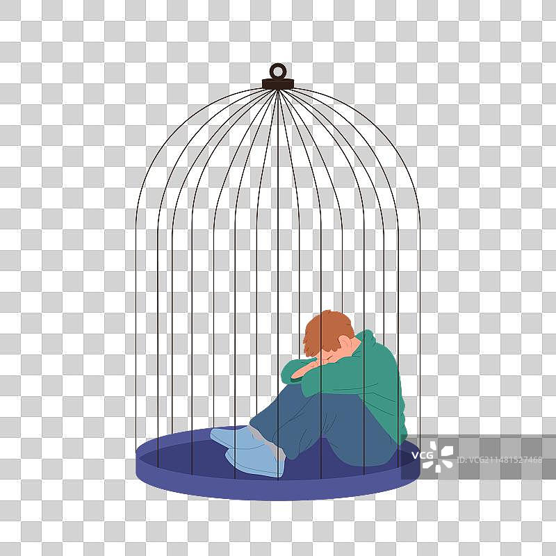 坐在笼子里哭泣的沮丧卡通男人图片素材
