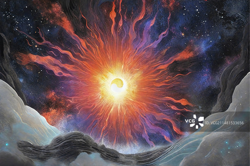 油画笔触神秘天空自然宇宙科学黑色太阳火宗教发光星空黑洞火焰闪耀质感插画艺术图片素材