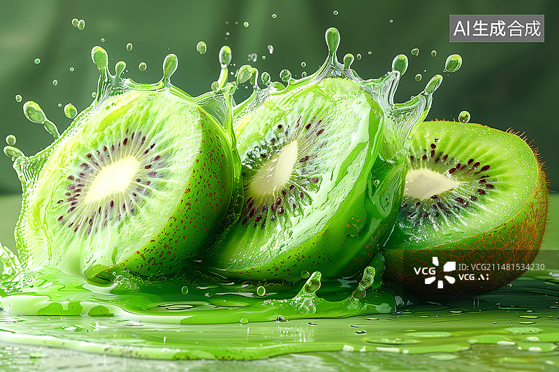 【AI数字艺术】溅起果汁的猕猴桃图片素材