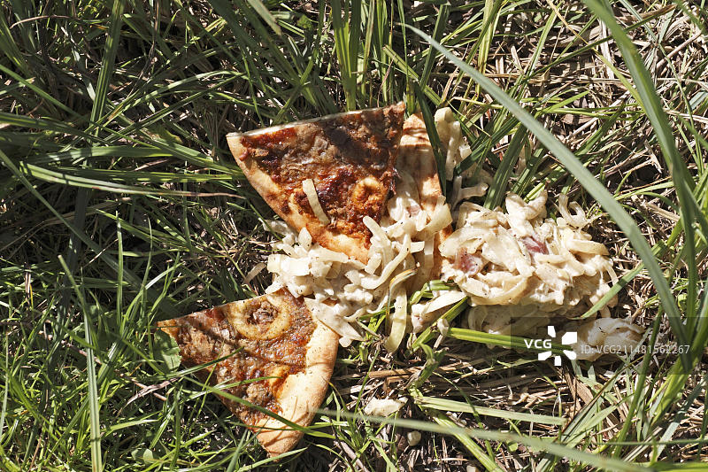 为浣熊准备的食物，禁止喂养野生动物，钓鱼点的剩余披萨，Peenetal自然公园，德国梅克伦堡-前波莫瑞州图片素材