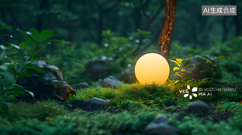 【AI数字艺术】绿色清新森林发光电商产品展台图片素材