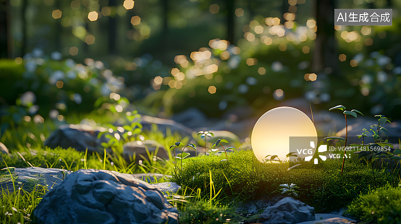 【AI数字艺术】绿色清新森林发光电商产品展台图片素材