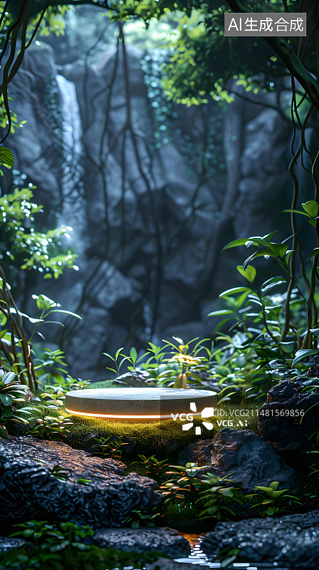 【AI数字艺术】绿色清新森林发光电商产品展台图片素材