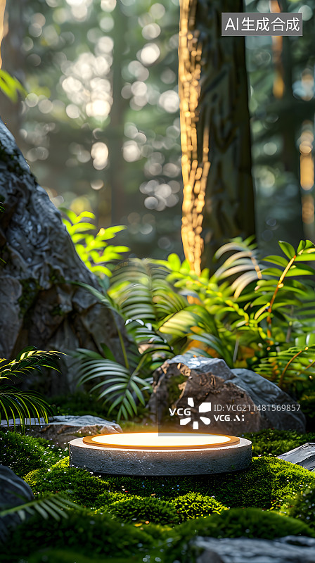 【AI数字艺术】绿色清新森林发光电商产品展台图片素材