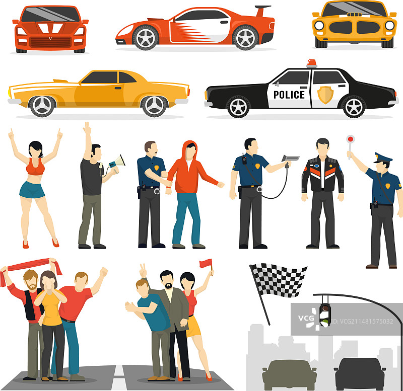 街头赛车扁平装饰元素合集图片素材