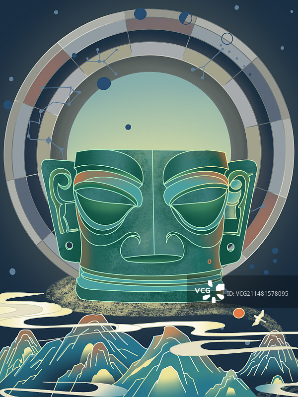 三星堆国潮风插画特写竖构图图片素材