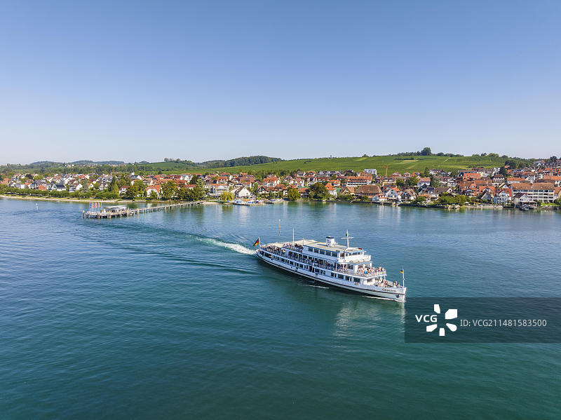 德国哈格瑙市康斯坦茨湖及施瓦本号游轮航拍图片素材