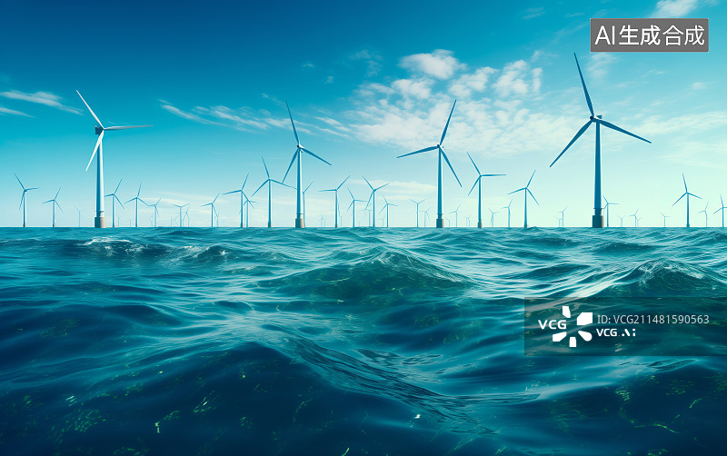 【AI数字艺术】海面上的风轮机，风力发电厂图片素材