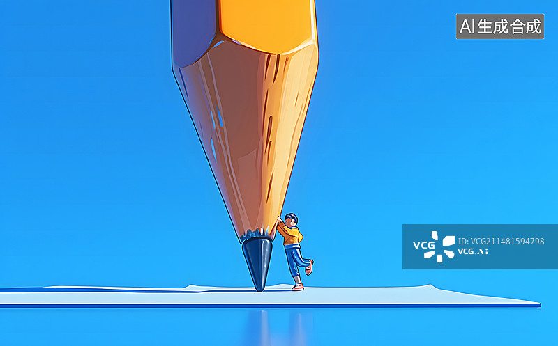 【AI数字艺术】减负主题推动大铅笔写作业的孩子图片素材