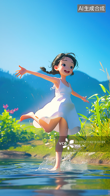 【AI数字艺术】玩水的女孩图片素材