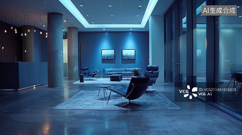 【AI数字艺术】宽敞的蓝色主题开放式办公室图片素材