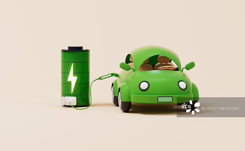 卡通汽车与新能源电池概念3D插画图片素材