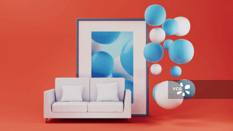 柔软的沙发与球体3D渲染图片素材