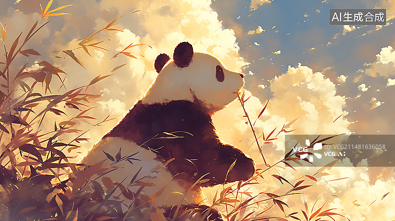 【AI数字艺术】蓝天白云下小熊猫吃竹子在草地上玩耍唯美插画图片素材