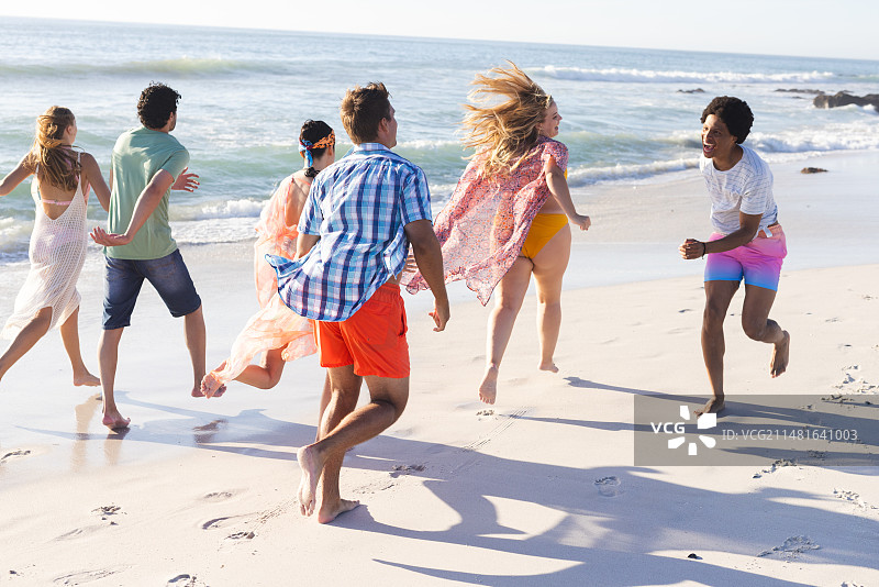 一群不同的朋友享受海滩郊游图片素材