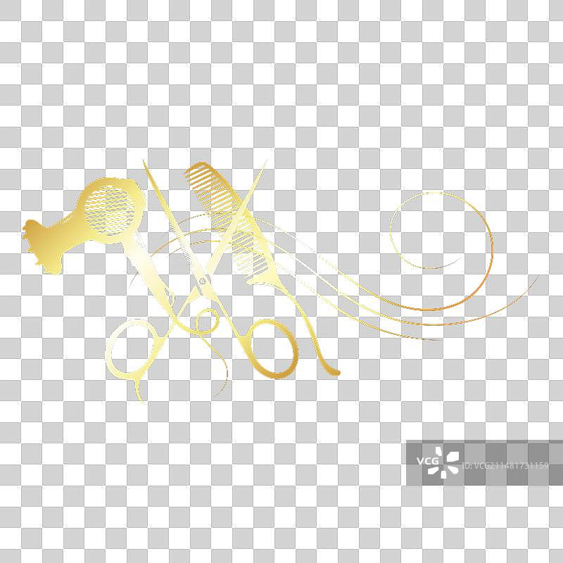 金色剪刀、梳子和吹风机设计图片素材