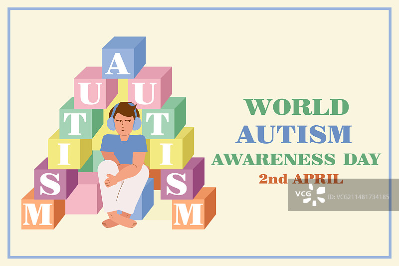 自闭症主题横幅：戴耳机的男孩图片素材