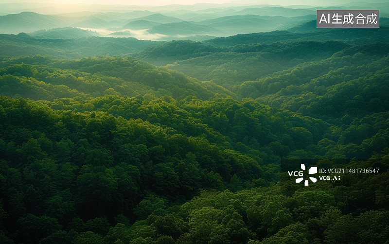 【AI数字艺术】绿色山地森林航拍视角自然风景背景图片素材